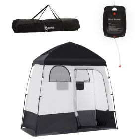 Outsunny Shower Tent w/ Two Rooms, Shower Bag, Floor and Carrying Bag, Portable Privacy Shelter, Instant Changing Room for 2 Person, Black
